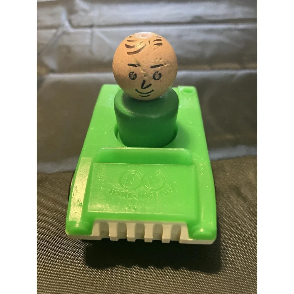 1960s Vintage Fisher Price Little People Green Wood Dad Bald With Car Vehicle